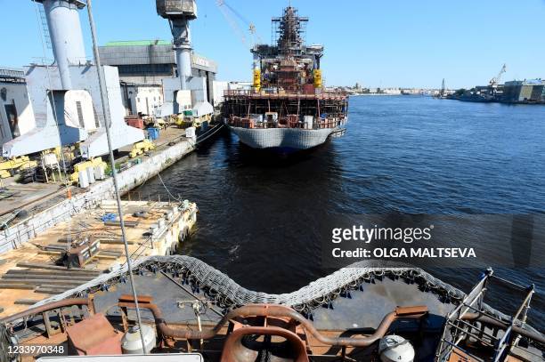 This photograph taken on July 5 shows Russia's nuclear-powered icebreaker Sibir during construction at the Baltic Shipyard in Saint-Petersburg. - At...