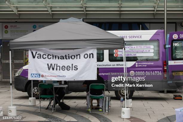 Solutions4Health mobile vaccination unit is pictured outside the Queensmere shopping centre on 10th July 2021 in Slough, United Kingdom. Slough...