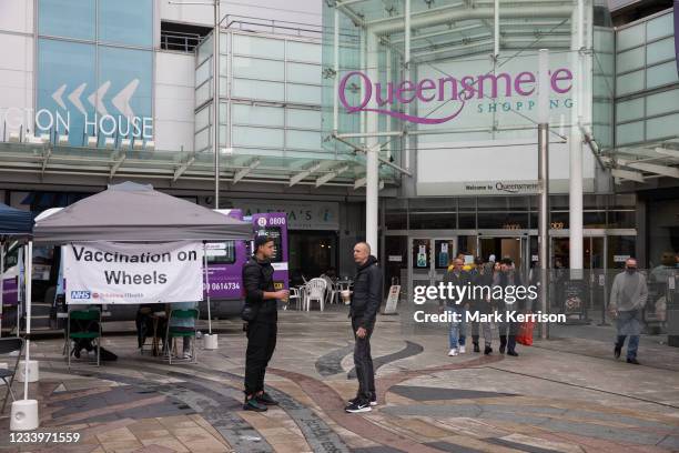 Solutions4Health mobile vaccination unit is pictured outside the Queensmere shopping centre on 10th July 2021 in Slough, United Kingdom. Slough...