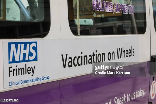 Solutions4Health mobile vaccination unit is pictured outside the Queensmere shopping centre on 10th July 2021 in Slough, United Kingdom. Slough...