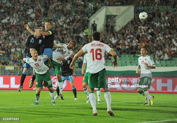 Wayne Rooney of England scores his team's second goal during the EURO 2012 group G qualifying match between Bulgaria and England at the Vasil Levski...