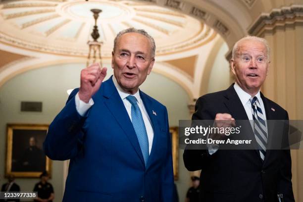 Senate Majority Leader Chuck Schumer and U.S. President Joe Biden speak briefly to reporters as they arrive at the U.S. Capitol for a Senate...