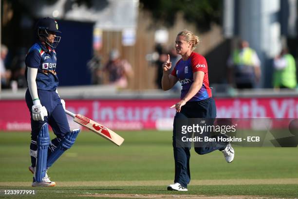 Katherine Brunt of England celebrates dismissing Shafali Verma of India during the Women's Third T20 International between England and India at...
