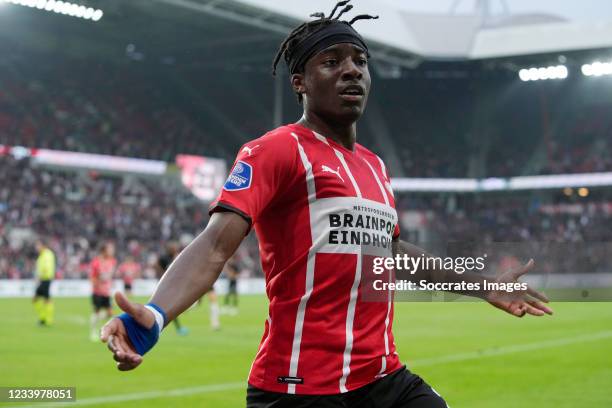 Noni Madueke of PSV Celebrates 1-0 during the Club Friendly match between PSV v PAOK Saloniki at the Philips Stadium on July 14, 2021 in Eindhoven...