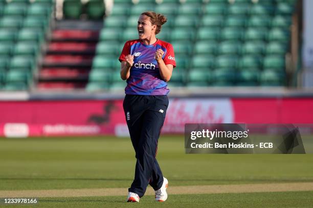 Nat Sciver of England celebrates dismissing Harmanpreet Kaur of India during the Women's Third T20 International between England and India at Cloudfm...