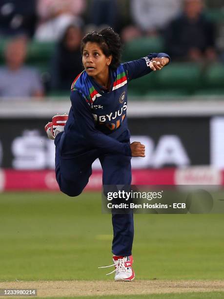 Poonam Yadav of India bowls during the Women's Third T20 International between England and India at Cloudfm County Ground on July 14, 2021 in...