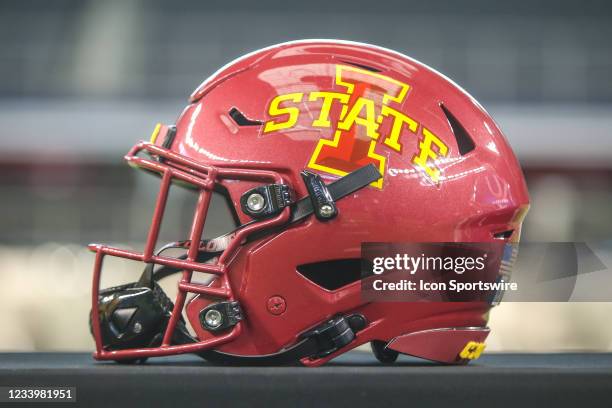 Iowa State football helmet on display during the Big 12 Conference football media days on July 14, 2021 at AT&T Stadium in Arlington, TX.