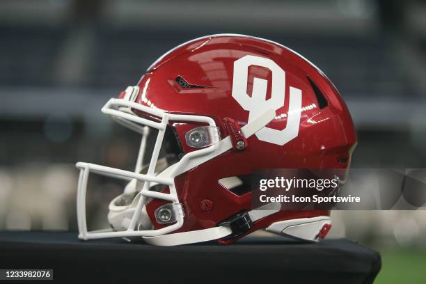 Oklahoma football helmet on display during the Big 12 Conference football media days on July 14, 2021 at AT&T Stadium in Arlington, TX.