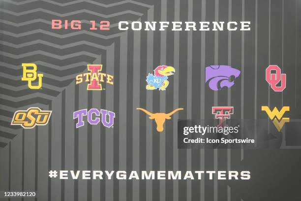 Signage on display during the Big 12 Conference football media days on July 14, 2021 at AT&T Stadium in Arlington, TX.