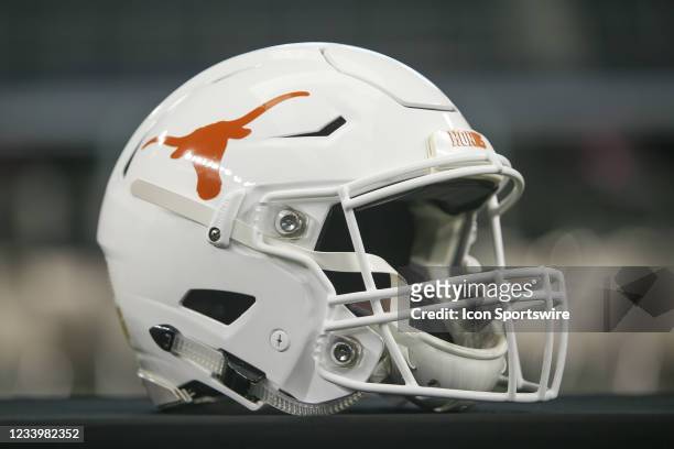 Texas Longhorns football helmet on display during the Big 12 Conference football media days on July 14, 2021 at AT&T Stadium in Arlington, TX.