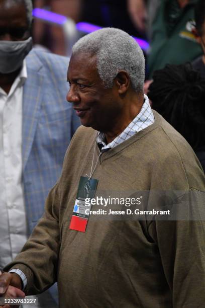 Legend, Oscar Robertson, attends Game Four of the 2021 NBA Finals on July 14, 2021 at Fiserv Forum in Milwaukee, Wisconsin. NOTE TO USER: User...