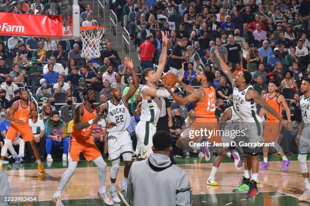 Cameron Payne of the Phoenix Suns shoots the ball against the Milwaukee Bucks during Game Four of the 2021 NBA Finals on July 14, 2021 at Fiserv...