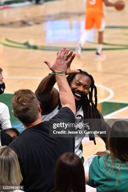 Player, Za'Darius Smith, attends Game Four of the 2021 NBA Finals on July 14, 2021 at Fiserv Forum in Milwaukee, Wisconsin. NOTE TO USER: User...