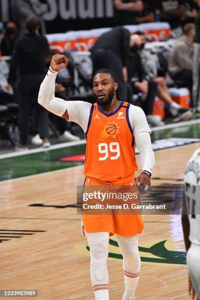 Jae Crowder of the Phoenix Suns reacts during Game Four of the 2021 NBA Finals on July 14, 2021 at Fiserv Forum in Milwaukee, Wisconsin. NOTE TO...