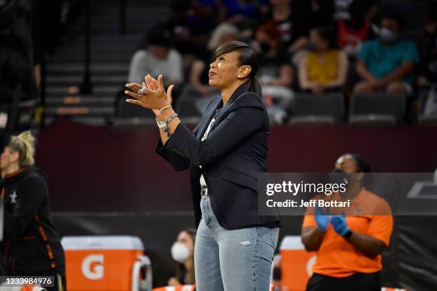 Head Coach Tina Thompson of Team WNBA claps during the AT&T WNBA All-Star Game 2021 on July 14, 2021 at Michelob ULTRA Arena in Las Vegas, Nevada....