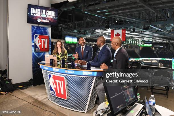 July 14: NBATV analysts, Kristen Ledlow, Grant Hill, Dennis Scott and Brendan Haywood look on after during Game Four of the 2021 NBA Finals on July...