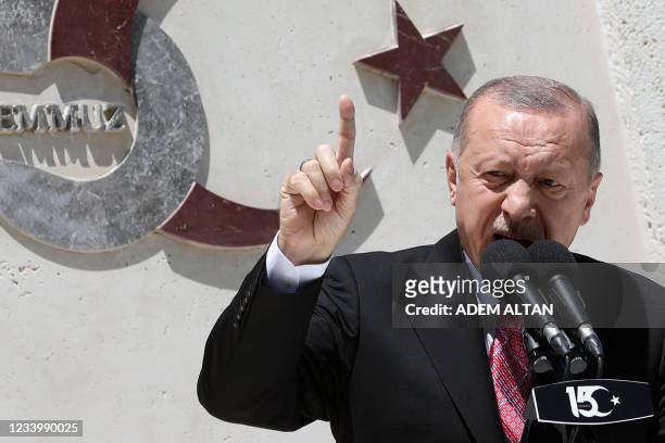 Turkish President Recep Tayyip Erdogan delivers a speech during a commemorative ceremony marking the fifth anniversary of failed coup at the Turkish...