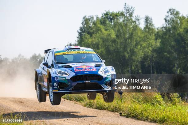 France's driver Adrien Fourmaux and Belgium's co-driver Renaud Jamoul steer their Ford Fiesta MkII WRC2 car during the Shakedown Rally Start of the...