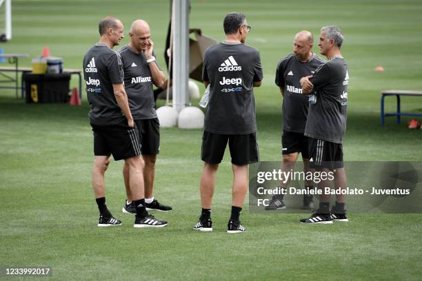 Juventus coach Massimiliano Allegri, Simone Folletti, Marco Landucci, Maurizio Trombetta, Aldo Dolcetti during a training session at JTC on July 15,...