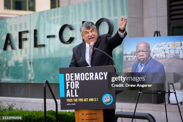 President Richard Trumka speaks during a news conference outside the AFL-CIO headquarters on July 15, 2021 in Washington, DC. The organized labor...