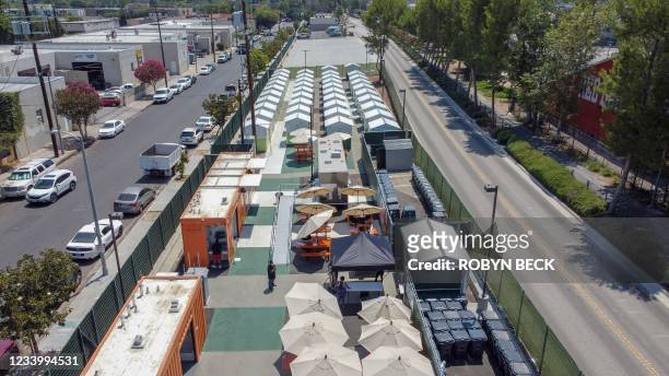 An aerial view of the Tarzana Tiny Home Village which offers temporary housing for homeless people, is seen on July 9, 2021 in the Tarzana...