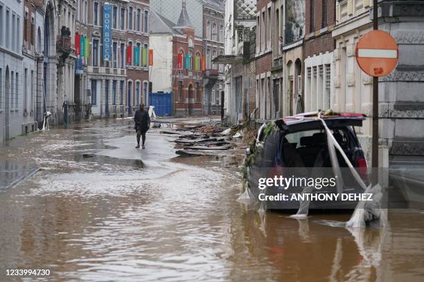 Picture taken on July 15, 2021 shows a view of a flooded street in the Belgian city of Verviers, near Liege, after heavy rains and floods lashed...