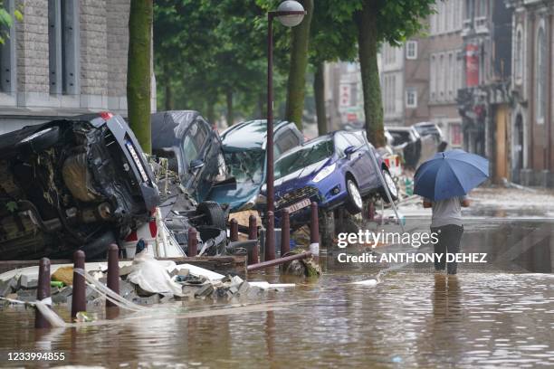 Picture taken on July 15, 2021 shows a view of a flooded street in the Belgian city of Verviers, near Liege, after heavy rains and floods lashed...