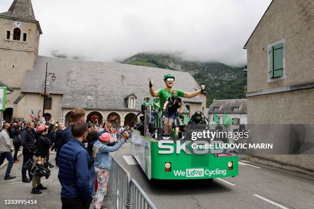 Skoda advertising car of the publicity caravan passes in the village of Sainte-Marie-de-Campan during the 18th stage of the 108th edition of the Tour...