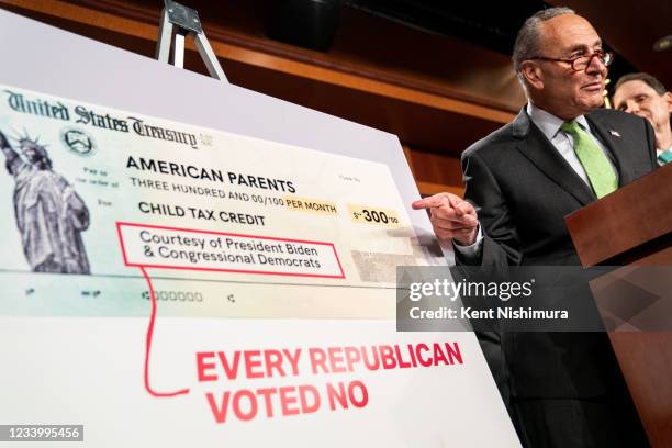 Senate Majority Leader Chuck Schumer , flanked by Senate Democrats, Sen. Debbie Stabenow , Sen. Cory Booker , Sen. Michael Bennet , Sen. Ron Wyden ,...