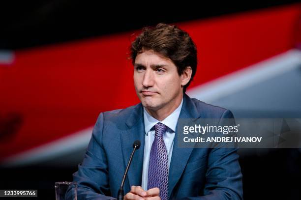 Canadian Prime Minister Justin Trudeau holds a press conference on the airline industry in Montreal, Quebec on July 15, 2021. - The funding...