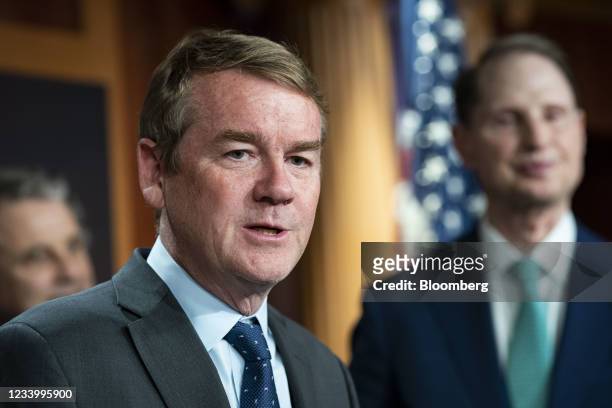 Senator Michael Bennet, a Democrat from Colorado, speaks during a news conference on the Child Tax Credit at the U.S. Capitol in Washington, D.C.,...