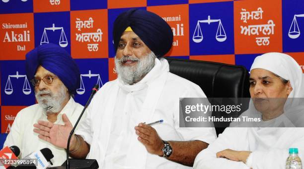 President Sukhbir Singh Badal addressing a press conference at Party head office Sector 28 on July 15, 2021 in Chandigarh, India.