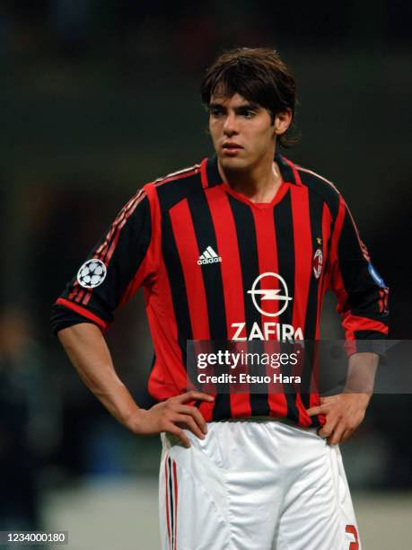 Kaka of AC Milan looks on during the UEFA Champions League Quarter-Final second leg match between AC Milan and Olympique Lyonnais at the Stadio...