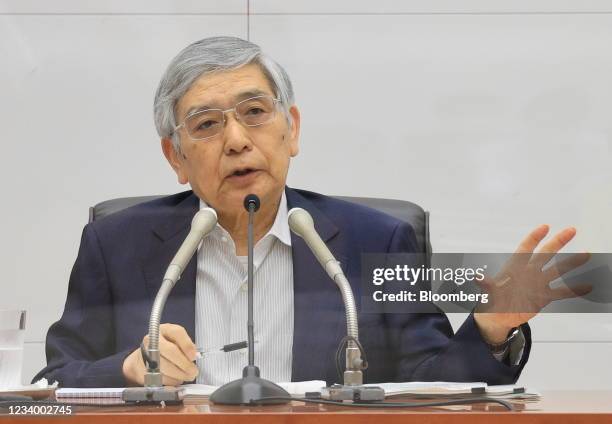 Haruhiko Kuroda, governor of the Bank of Japan , speaks during a news conference at the central bank's headquarters in Tokyo, Japan, on Friday, July...