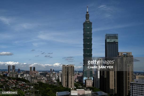 This general view shows the 508-metre tall Taipei 101 commercial building in Taipei on July 16, 2021.