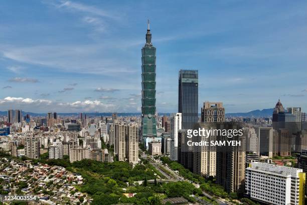 This general view shows the 508-metre tall Taipei 101 commercial building in Taipei on July 16, 2021.