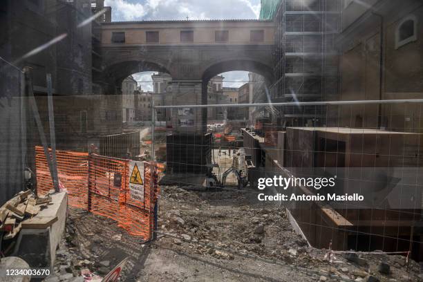 General view shows the excavations at the Mausoleum of Augustus , on July 16, 2021 in Rome, Italy. The works on the site will discover the majestic...