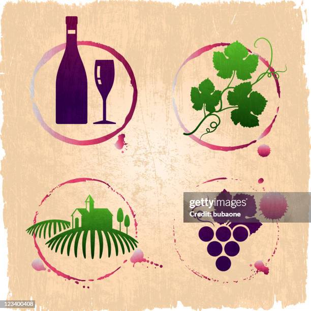 ilustrações de stock, clip art, desenhos animados e ícones de vinha e vinho conjunto de grunge - wine stain