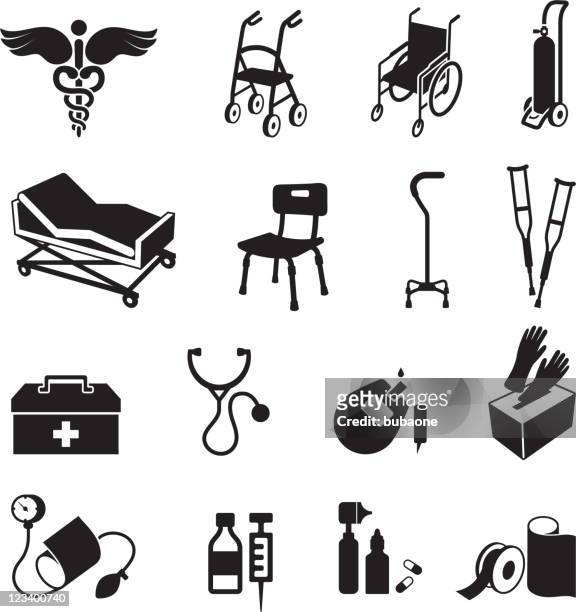 stockillustraties, clipart, cartoons en iconen met medical supplies black & white royalty free vector icon set - kruk zitmeubels