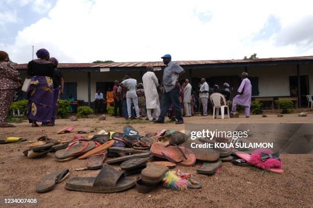 The remaining wares of students of Bethel Baptist High School are seen inside the school premises as parent of abducted students wait for the return...