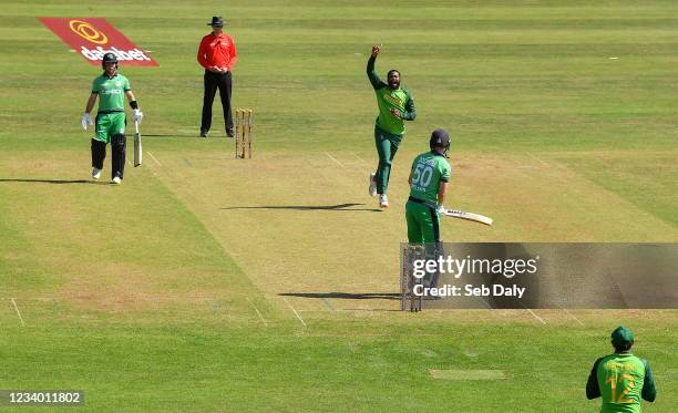 Dublin , Ireland - 16 July 2021; Andile Phehlukwayo of South Africa celebrates after claiming the wicket of Ireland's George Dockrell during the 3rd...