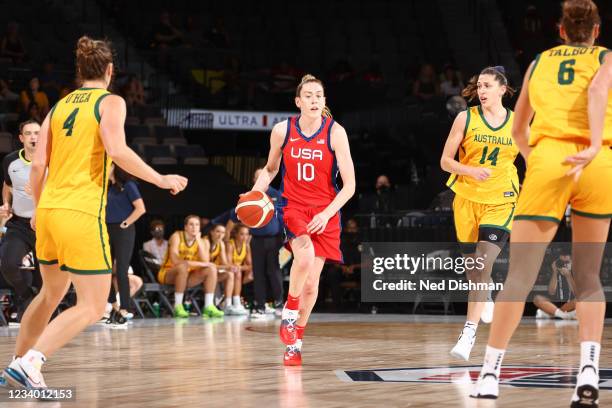 Breanna Stewart of the USA Basketball Womens National Team handles the ball during the game against the Australia Women's National Team on July 16,...