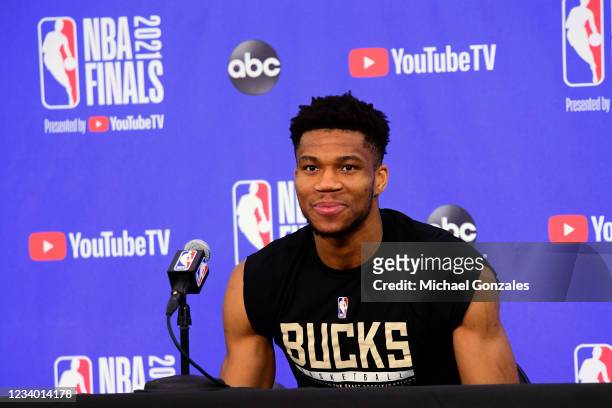 Giannis Antetokounmpo of the Milwaukee Bucks talks to the media during practice and media availability as part of the 2021 NBA Finals on July 16,...