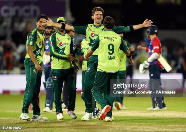 Pakistan's Shaheen Afridi celebrates with teammates after winning the Twenty20 International match at Trent Bridge, Nottingham. Picture date: Friday...