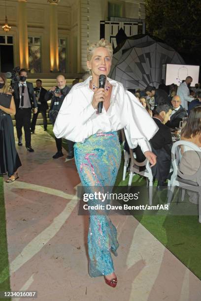 Sharon Stone speaks onstage at the amfAR Cannes Gala 2021 at Villa Eilenroc on July 16, 2021 in Cap d'Antibes, France.