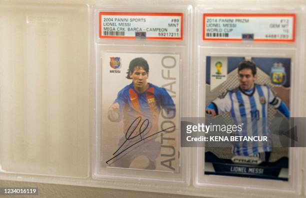 Soccer star Lionel Messi cards are displayed at Bleecker Trading in New York on July 06, 2021. - Inside an unassuming store in New York's Greenwich...