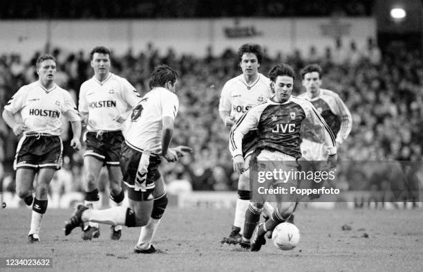 Anders Limpar of Arsenal goes past Gary Mabbutt of Tottenham Hotspur during a Barclays League Division One match at White Hart Lane on January 12,...