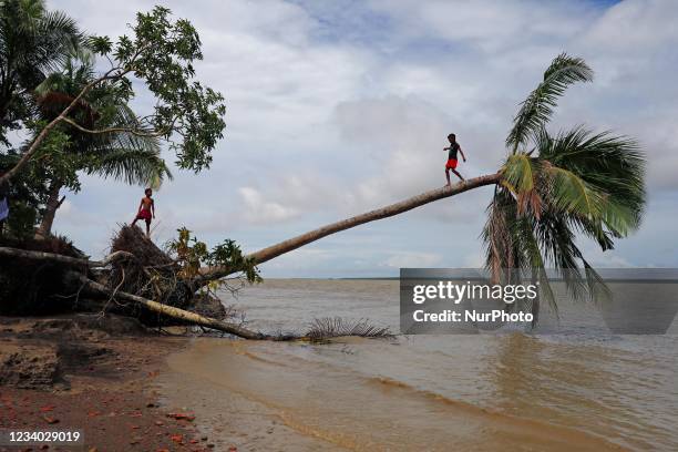 River erosion seen at Monpura in Bhola, Bangladesh on July 17, 2021. Coastal areas in Bangladesh are on the 'front line' of climate change, directly...