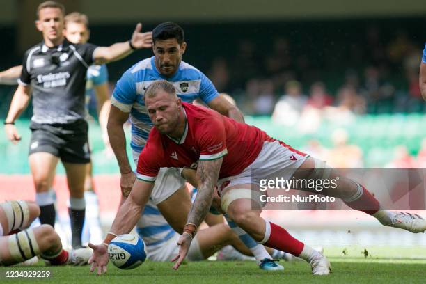 Ross Moriarty controls the ball during the 2021 Summer Internationals match between Wales and Argentina at Principality Stadium.