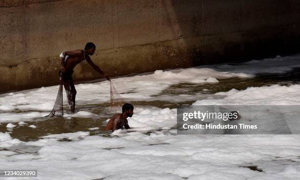 People catching fish in a thick white layer of toxic foam seen over the Yamuna river near the Kalindi Kunj which shows the dangerous water pollution...